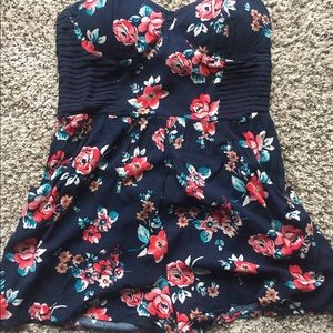 Navy Blue-L Strapless Floral Romper